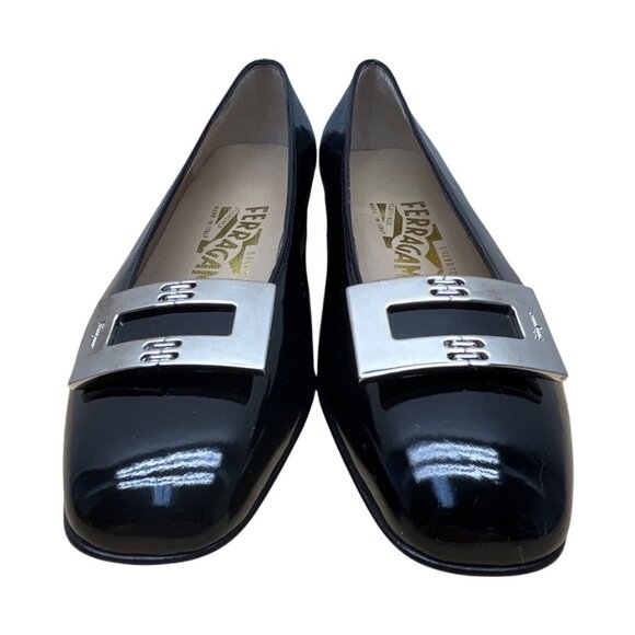 Salvatore Ferragamo Womens Black Patent Leather Silver Buckle Loafers Sz 5.5 B - Picture 2 of 9